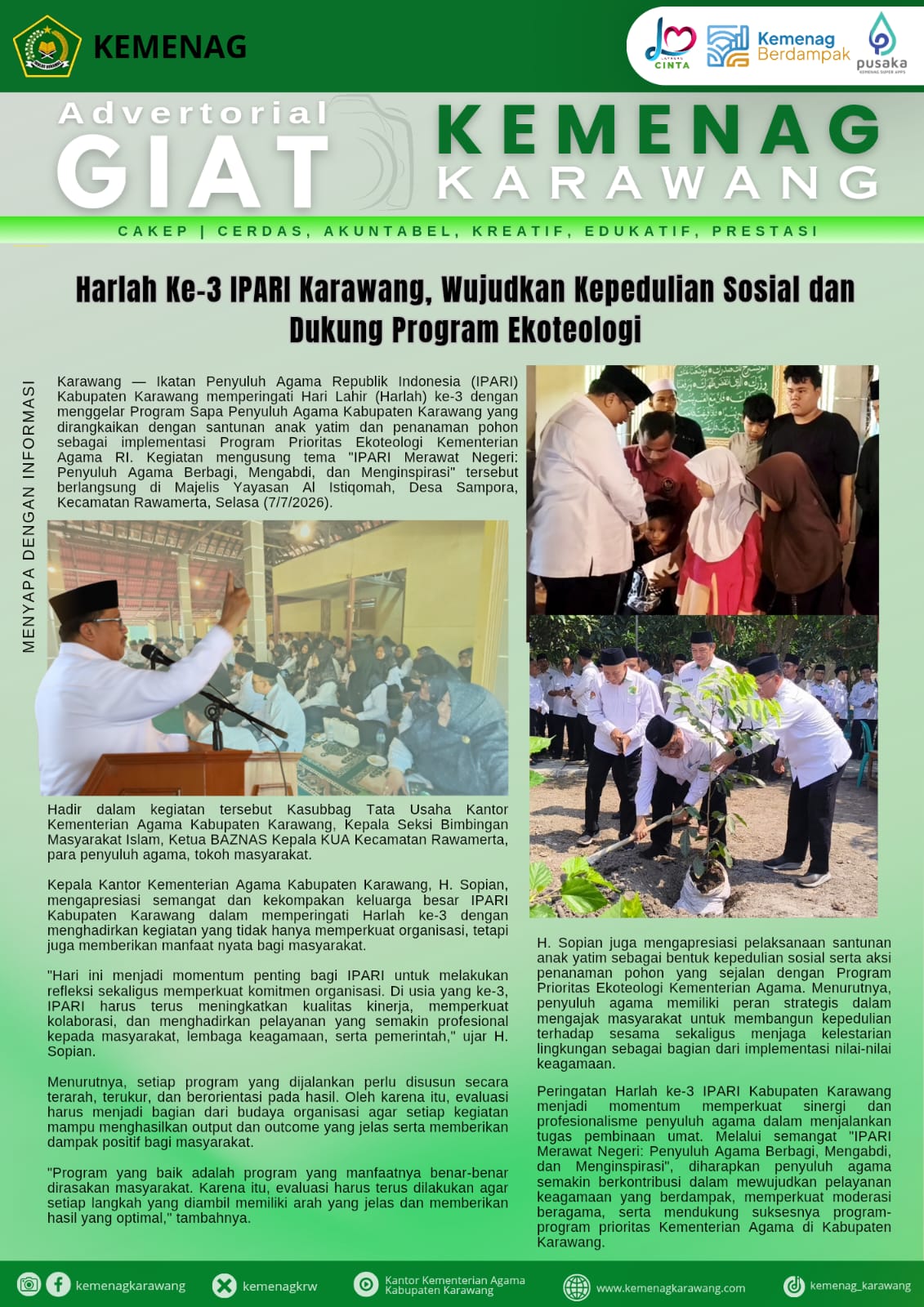 Harlah Ke 3 IPARI Karawang, Wujudkan Kepedulian Sosial dan Dukung Program Ekoteologi