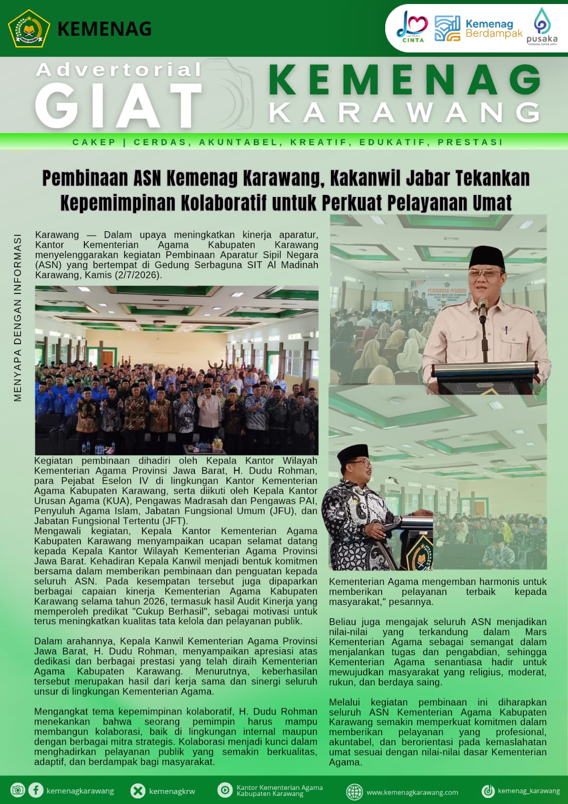 Pembinaan ASN Kemenag Karawang ,Kakanwil Jabar Tekankan Kepemimpinan Kolaboratif untuk Perkuat Pelayanan Umat
